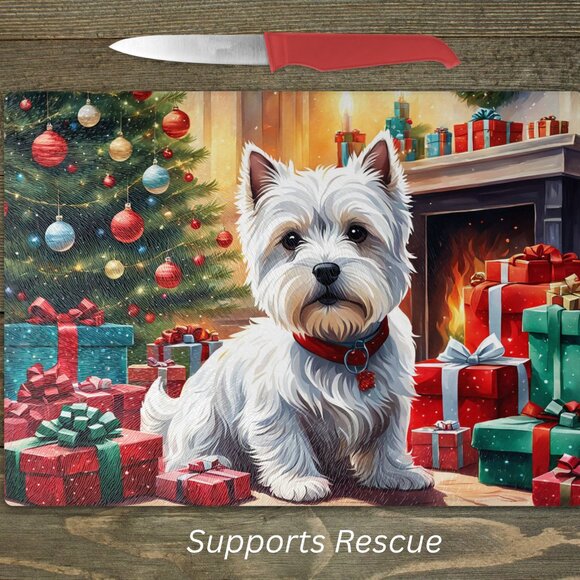 Christmas West Highland Terrier Kitchen Tempered Glass Cutting Board or Trivet - Picture 1 of 1